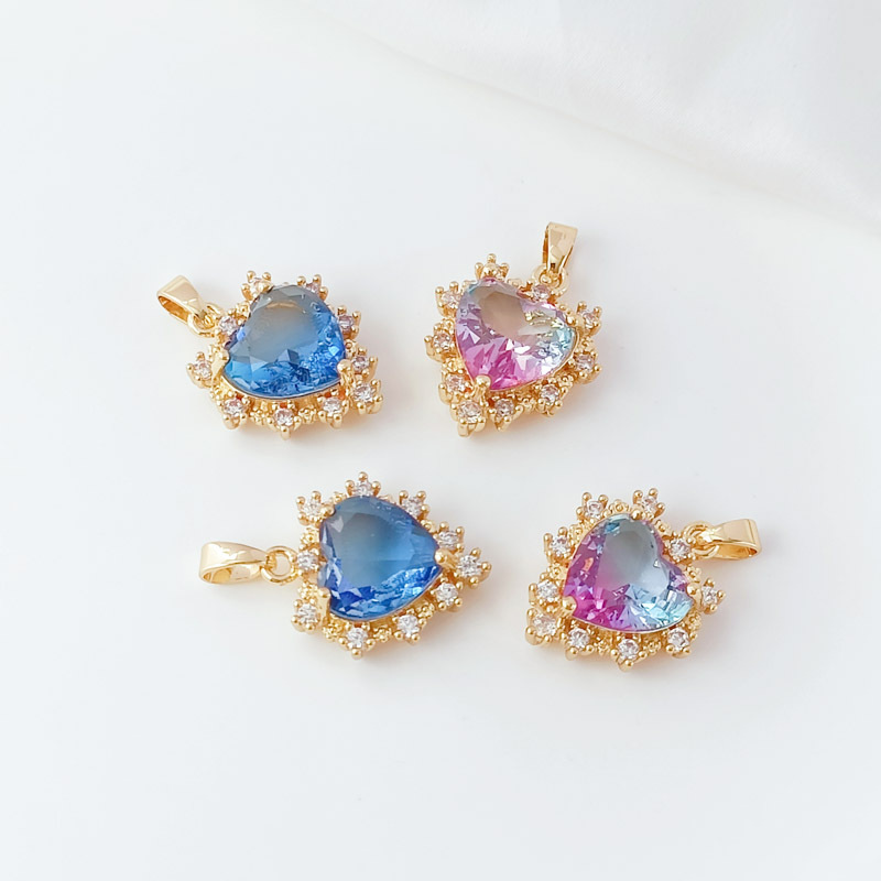 强保色14k包金镶锆石海洋之心吊坠碧玺色桃心挂坠diy手链项链吊饰