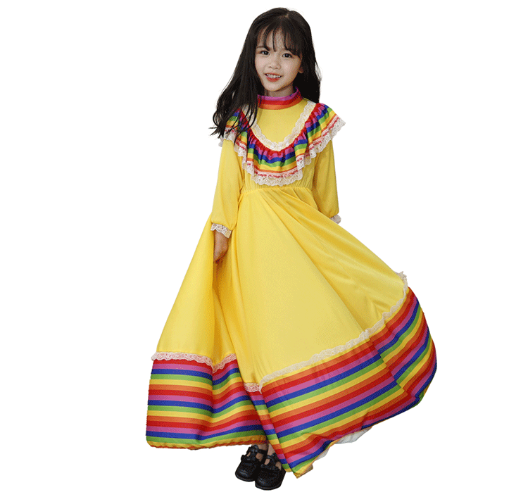 传统墨西哥女孩裙子大裙摆民族风格连衣裙舞蹈服装万圣六一儿童节