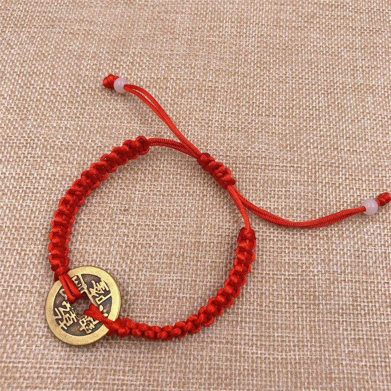 新品仿铜钱红绳手链手工编仿古钱币手饰小礼品赠品2元店货源
