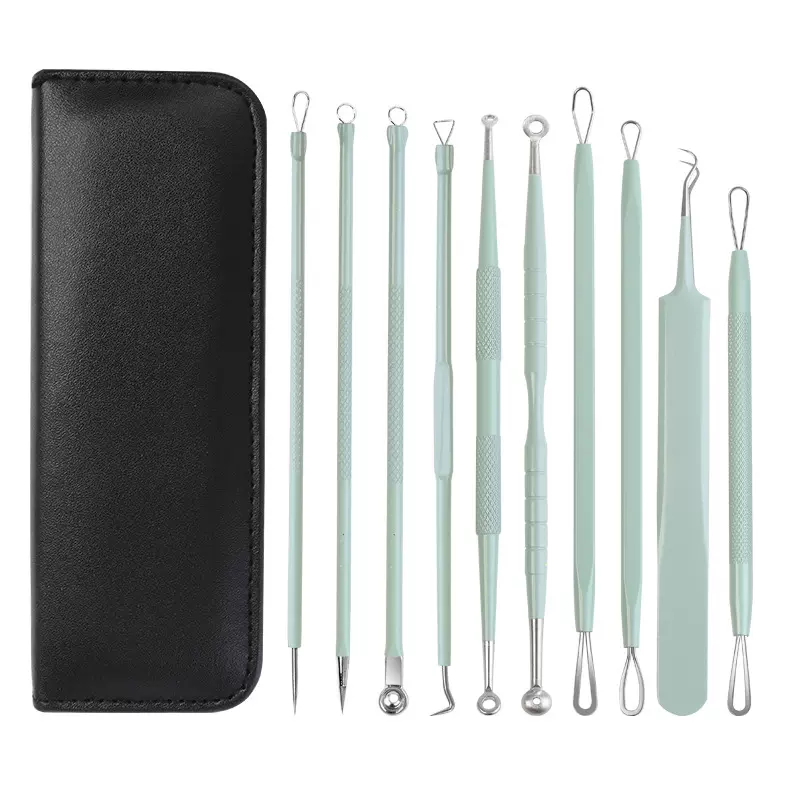 定制不锈钢粉刺夹双头暗疮针细胞夹黑头镊子工具绿色粉刺针10件套
