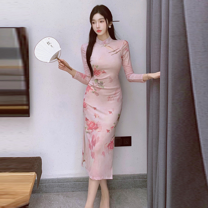 优雅淑女中国风碎花洋装改良中式开叉旗袍包臀中长裙潮-阿里巴巴