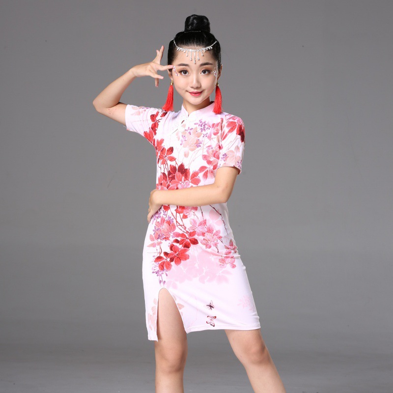 新款少儿古典旗袍拉丁舞蹈服中国舞国风女童碎花比赛表演演出服装