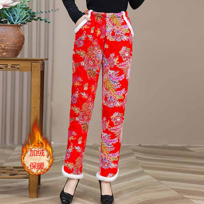 民族风东北大花棉裤加绒女冬外穿妈妈裤复古加厚宽松直筒哈伦裤子