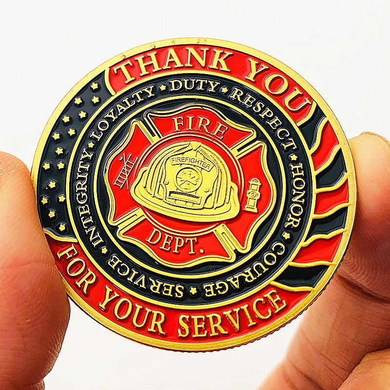 代发消防队镀金纪念章 彩绘条旗荣耀金币消防员硬币外贸纪念币