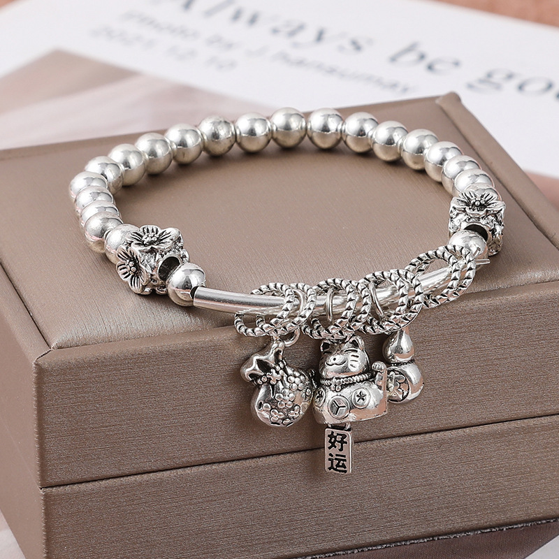 Korean Style Cute Tassel Cat Crown Small Fish Bracelet 6mm Imitation Sliver Beads Retro Bracelet Women's Fair Ornament