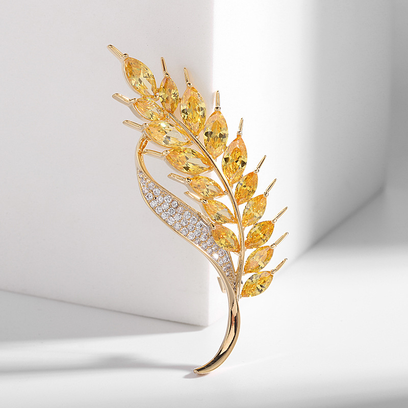 高档黄色大麦锆石胸花女韩国简约气质小西装衣服佩戴金黄麦穗胸针