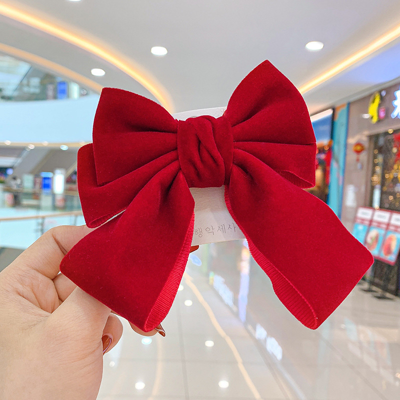 Dragon Year New Wine Red Velvet Big Bow Hairpin Back Head Half Hair Accessories Hairpin Duckbill Clip Side Clip