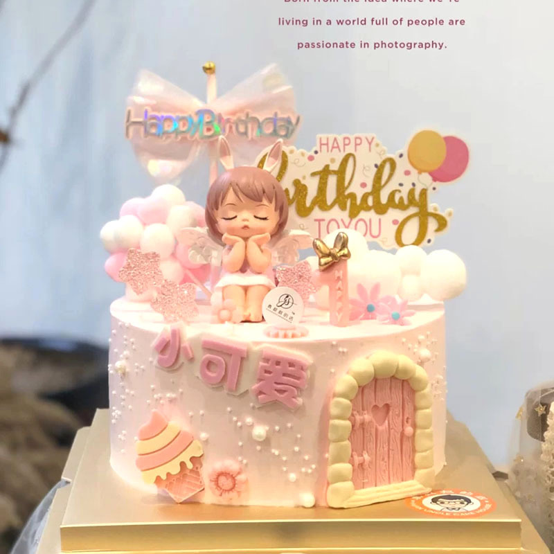 网纱可爱安妮天使蛋糕装饰小可爱一岁女孩毛球气球粉色纱结l