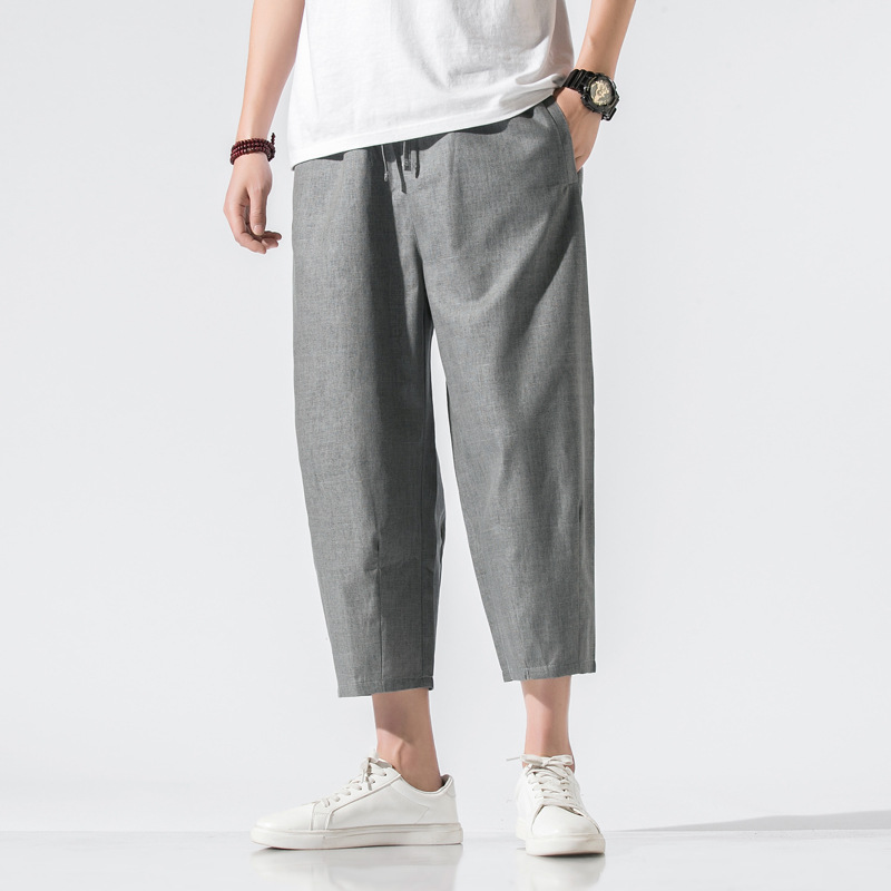亚麻九分裤男夏季薄款小脚哈伦裤宽松大码日系原宿风休闲阔腿裤潮