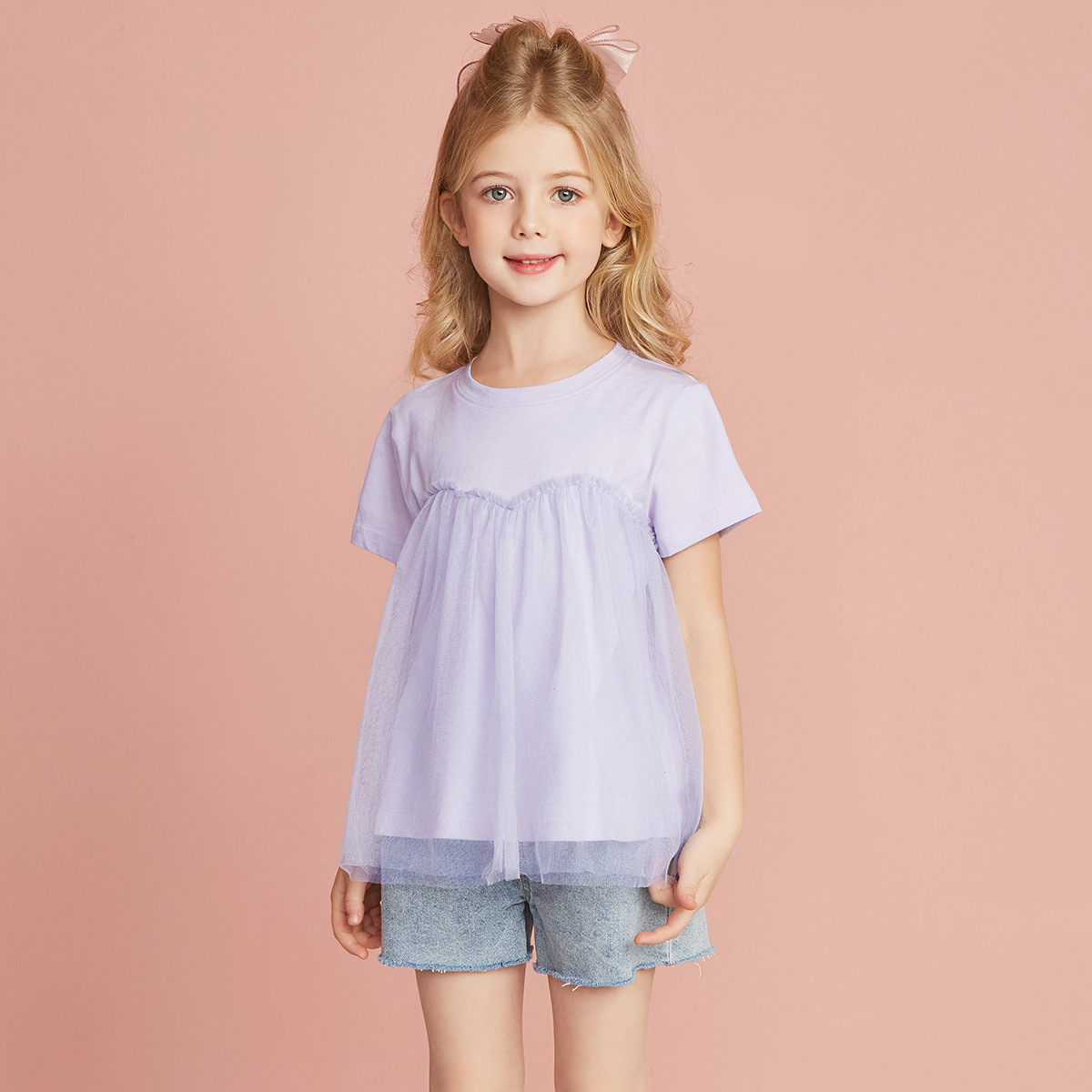 拉夏贝尔童装2022夏季新款女童网纱短袖t恤上衣夏装儿童衣服