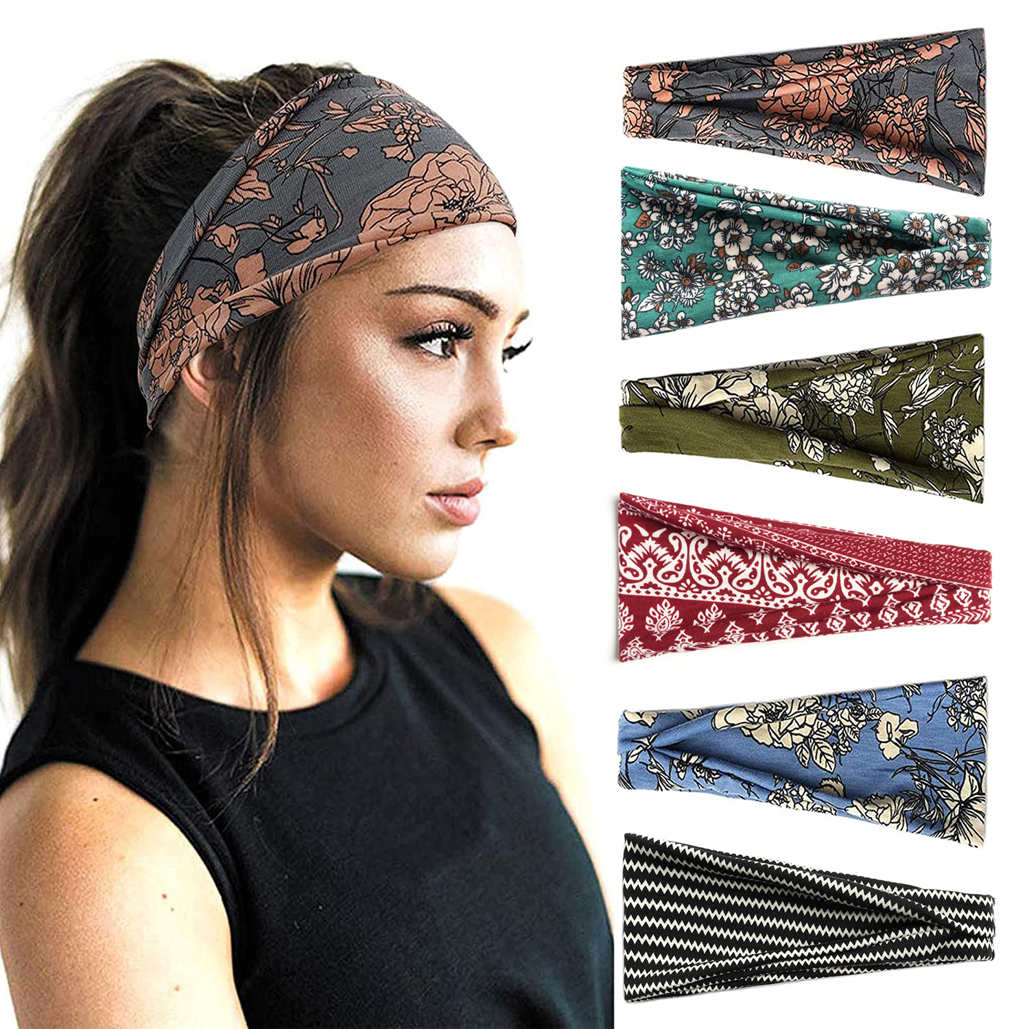 Europe and America Cross Border Amazon Sport Headband for Women Yoga Hair Band Sweat Absorbing Antiperspirant Wide-Brimmed Printed Turban Hair Accessories