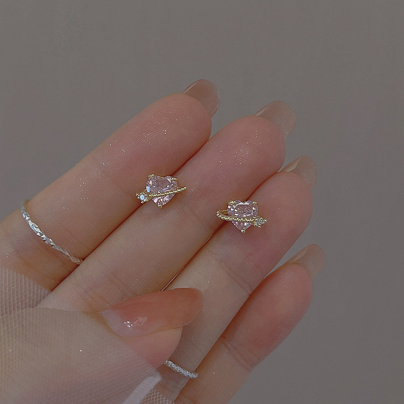 Beixi Silver S925 Pink Heart-Shaped Zircon Stud Earrings Female Temperamental Minority Design Sense Korean Rhinestone Heart-Shaped Earrings