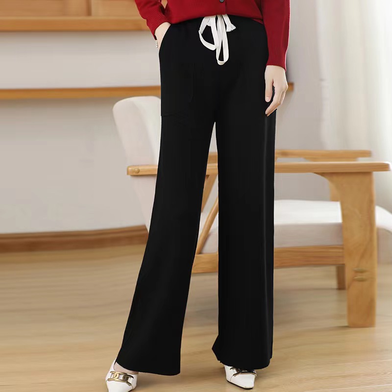 Autumn and Winter New Women's Knit Trousers 2023 Korean Style Elastic Waistband Color Casual Pants outside Wide Mop Straight Pants