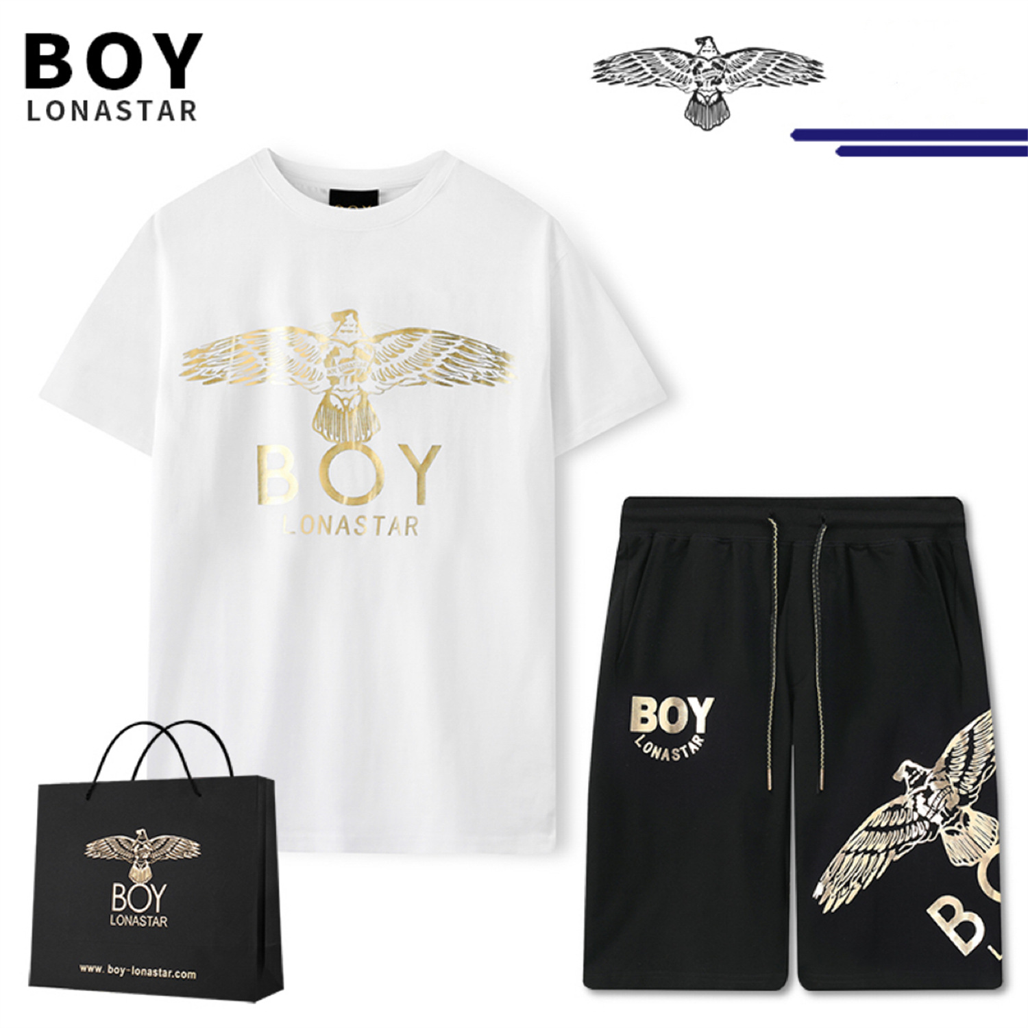 boy lonastar潮牌短袖女经典款夏季情侣套装翅膀烫金短裤休闲t恤