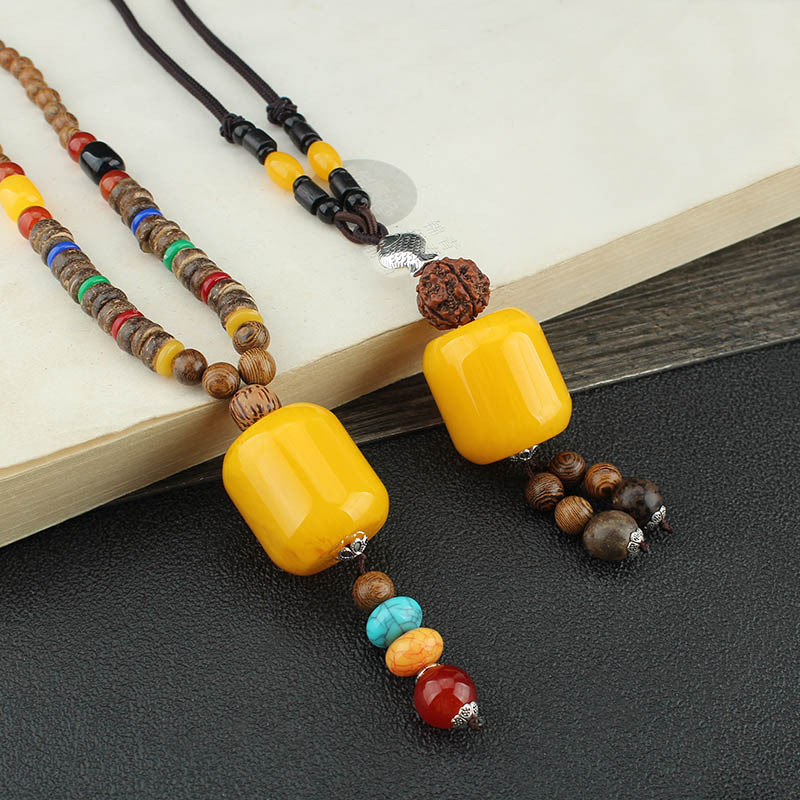 Ethnic Style Imitation Beeswax Pendant Necklace Men's and Women's Wooden Wooden Bead Long Sweater Chain Retro Literary Couple Ornament