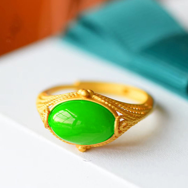 复古民族风绿玛瑙戒指男绿玉髓宝石男士戒指镂空指环简约时尚首饰