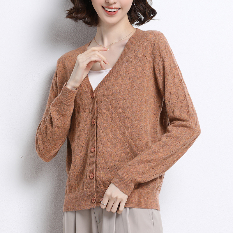 秋装外搭开衫女短款羊毛衫薄款长袖勾花波纹针织毛衣外套春秋上衣