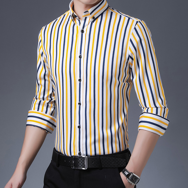 2022 Spring Striped Shirt Men's Long-Sleeved Stretch Slim Shirt Men's Business Light Luxury Leisure Iron-Free Shirt