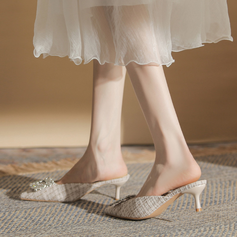 法式气质凉拖女夏季外穿2024新款时尚水钻方扣细跟包头半拖高跟鞋