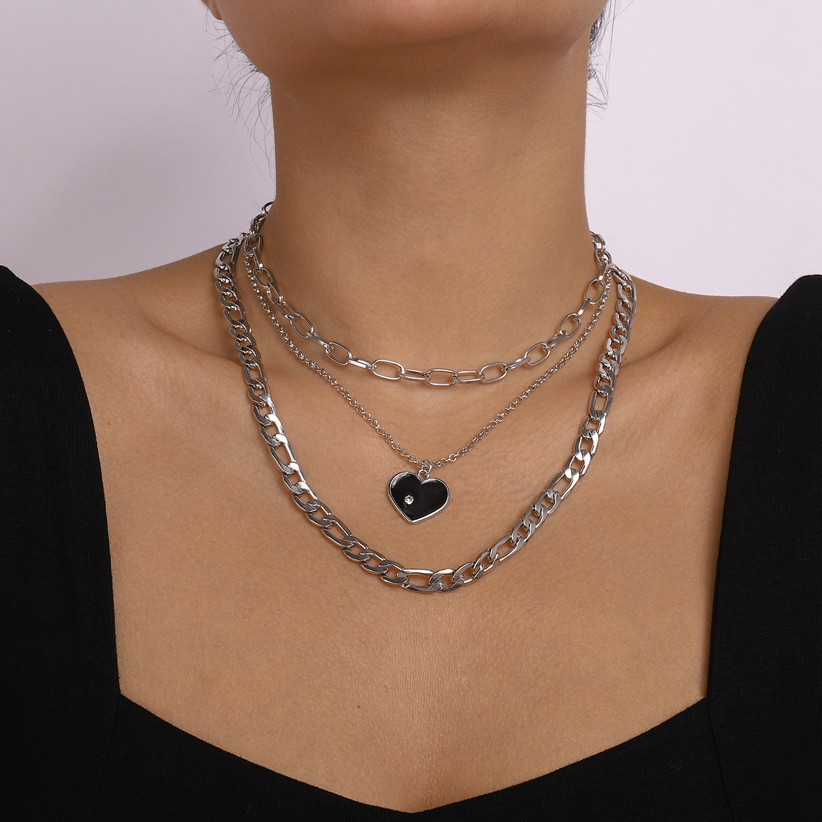 n10146欧美跨境项饰 多层叠戴嘻哈风滴油爱心项链古巴链夸张颈链