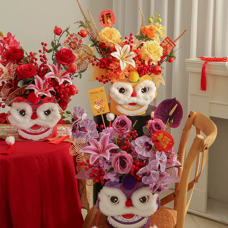 新年马年绒布福桶套餐年宵花插花摆件喜庆氛围抱抱桶花艺diy神器