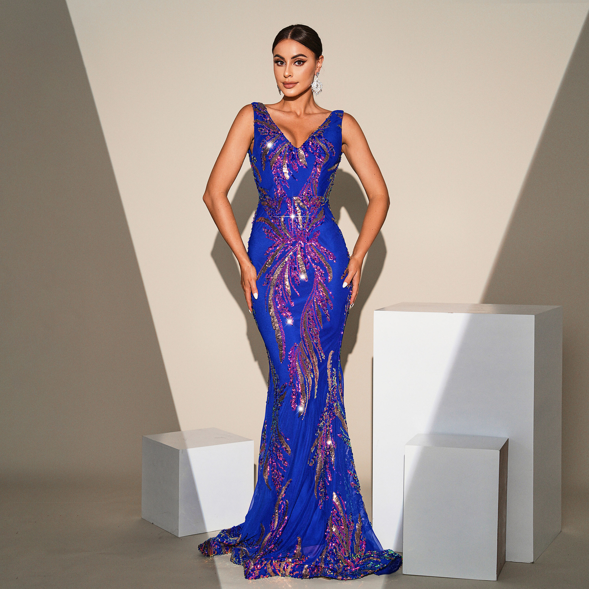 跨境欧美无袖气质v领性感长款亮片宴会鱼尾晚礼服伴娘服连衣裙女