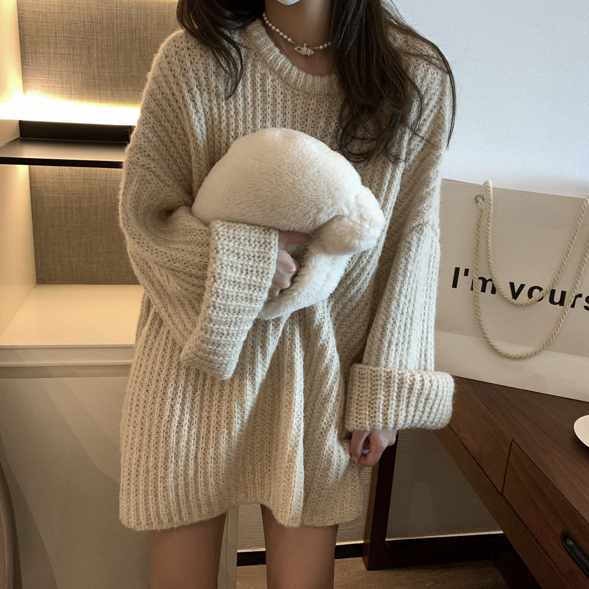 大袖子宽松大码毛衣女中长款纯色水袖针织衫粗针毛线上衣-阿里巴巴