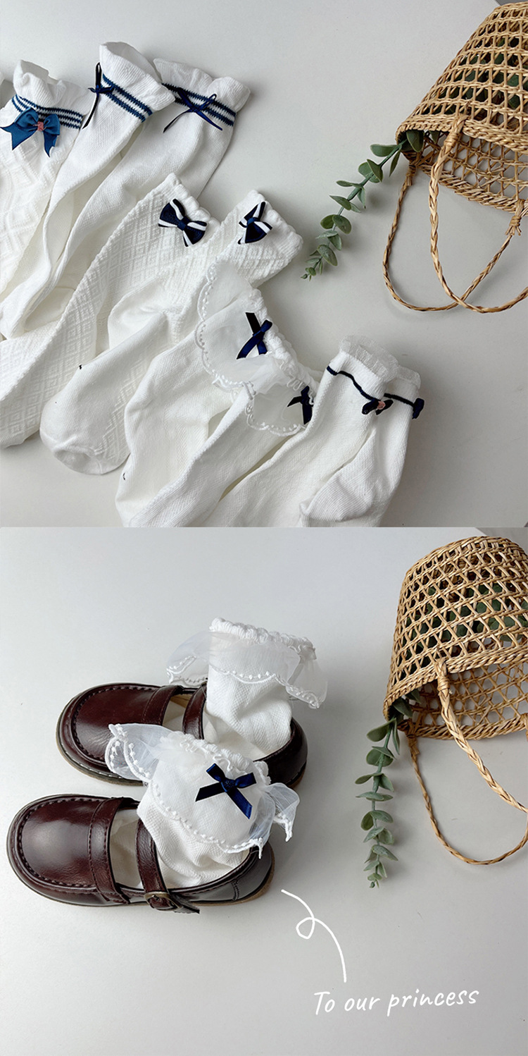 女童白袜子春夏薄款蝴蝶结花边公主学生网眼透气精梳棉女宝宝棉袜