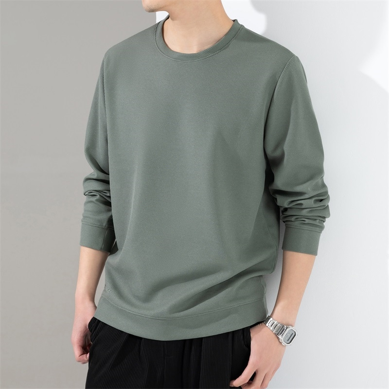 round Neck Waffle Sweater Men's Spring Thin round Neck Long Sleeve T-shirt 2023 New Bottoming Top