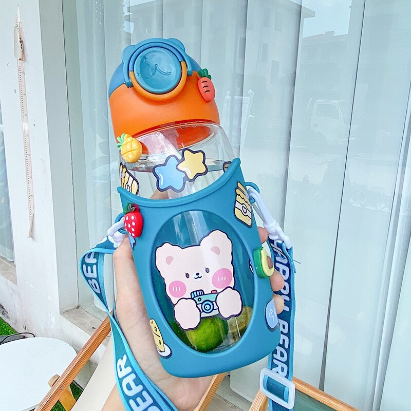 Children's Cups with Straw Strap Good-looking Cute Male and Female Students Outdoor Portable Crossbody Drop-Resistant High Temperature Resistant