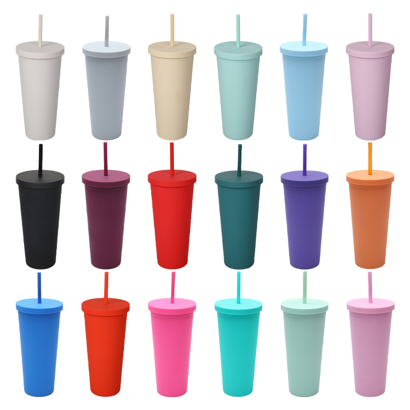 Cross-Border Amazon New Modern Flat Lid Plastic Water Cup Trending Cartoon Portable 710ml Double-Layer Cup with Straw