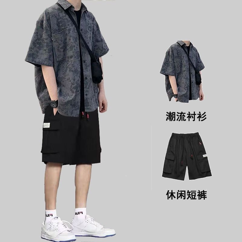 夏季港风套装男士宽松短袖衬衫一整套穿搭帅气搭配短裤男装三件套