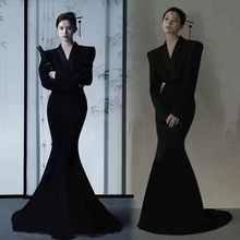 新款影楼主题复古中国风工笔画西装写真摄影服装黑色婚纱鱼尾礼服