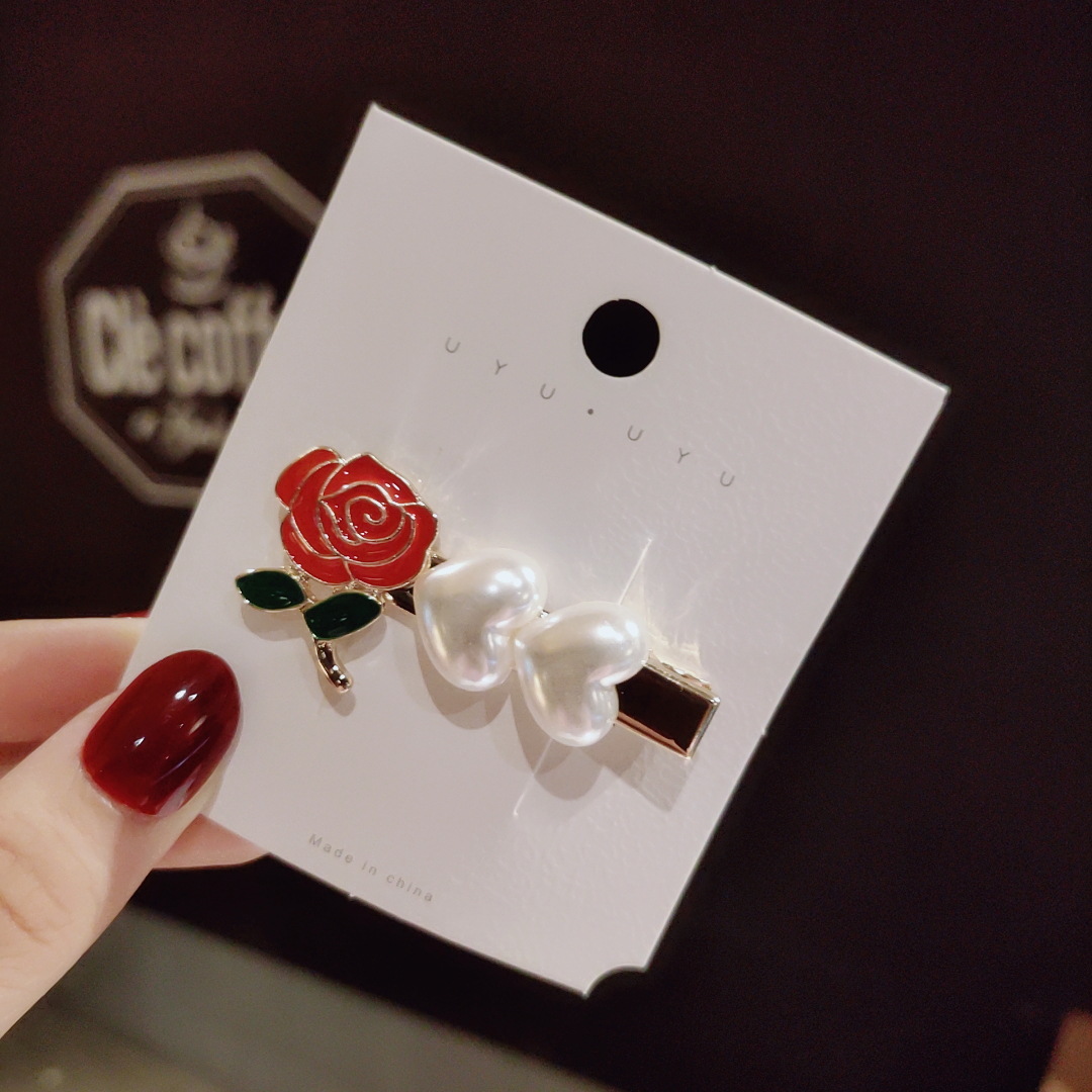 玫瑰花发夹爱心复古法式珍珠花朵发卡刘海夹少女一字夹发饰头饰女