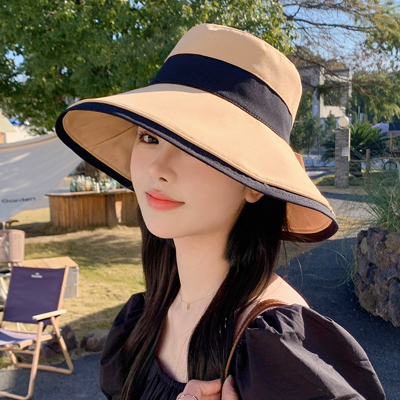 New Korean Style Spring and Summer Cotton Polyester Bucket Hat Women's Sweet Temperament Bow Bucket Hat Big Brim Sun Hat