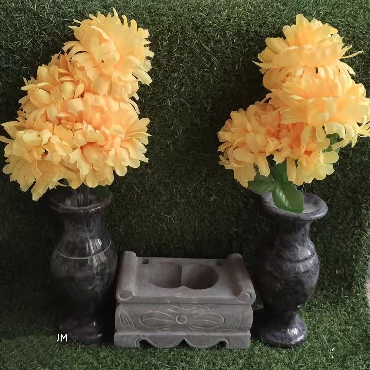 墓地长方形香炉天然大理石花瓶一对插花祭祀供奉汉白玉石狮子祭拜