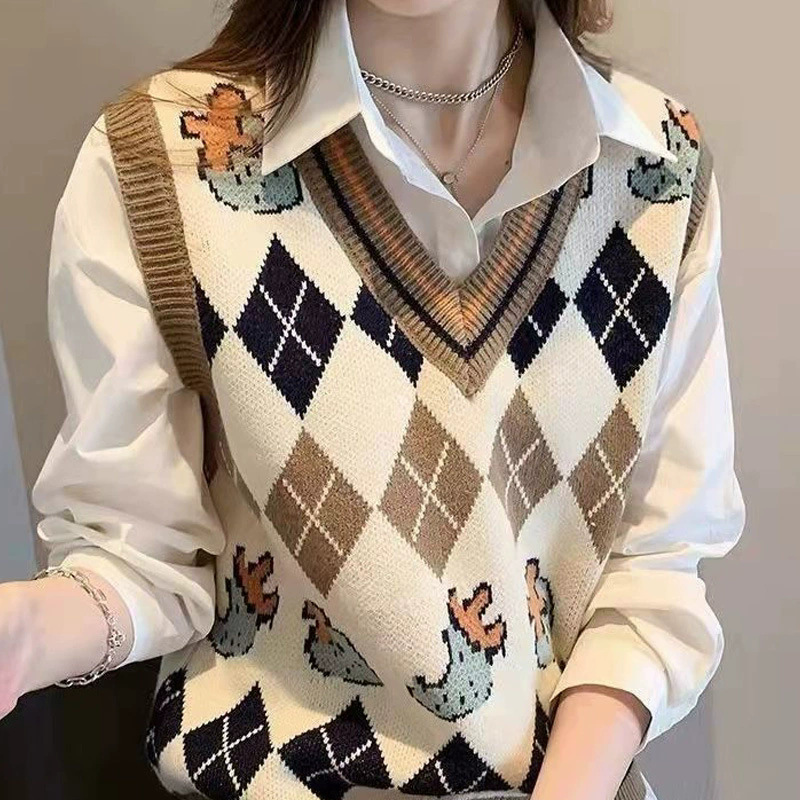 25新款v领针织衫马甲无袖套头菱格毛衣百搭背心坎肩上衣女春秋羊