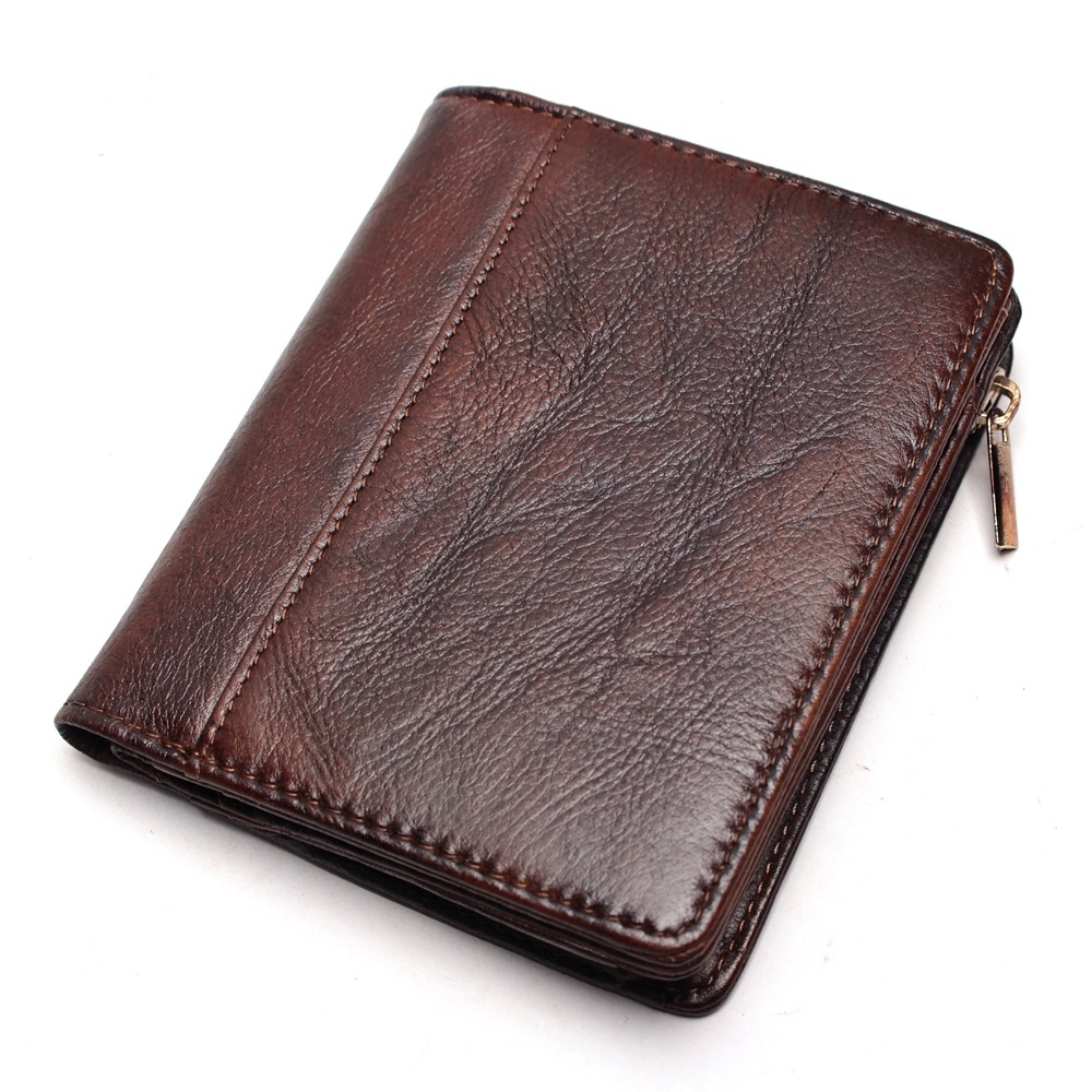 欧美钱包男短款头层牛皮钱夹男士复古钱包竖款拉链休闲青年小皮夹