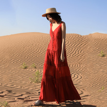红色连衣裙v领海南三亚旅游裙子茶卡湖沙漠草原海边度假女裙F2105