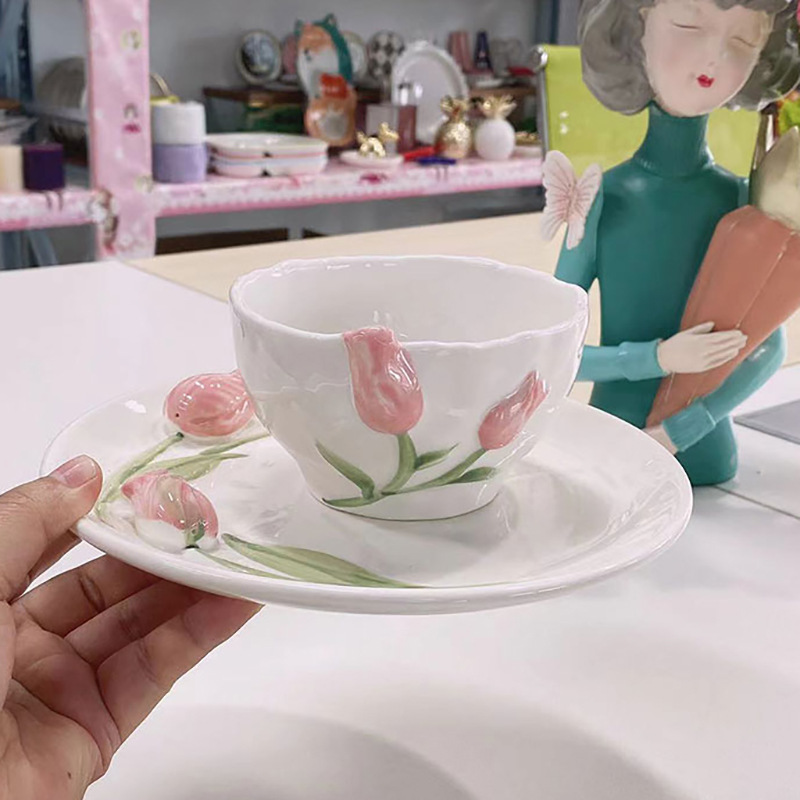 Tulip Ceramic Bowl Dish Household Tableware Korean Three-Dimensional Relief Cup Girl Milk Coffee Cup Cake Dessert Plate