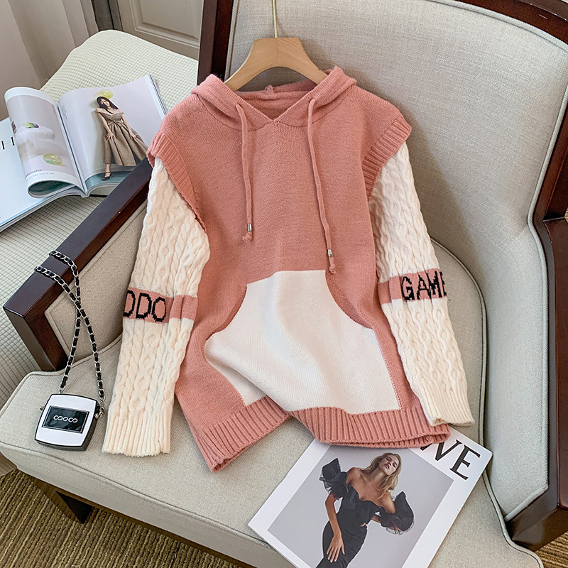 Loose False Two Pieces Hooded Sweater Women's 2023 Korean Style New Autumn Western Style All-Matching Idle Style Knitwear Top