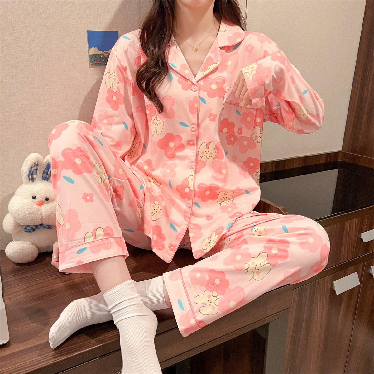 春秋季多款开衫长袖长裤睡衣女卡通可爱女士居家睡衣套装一件代发