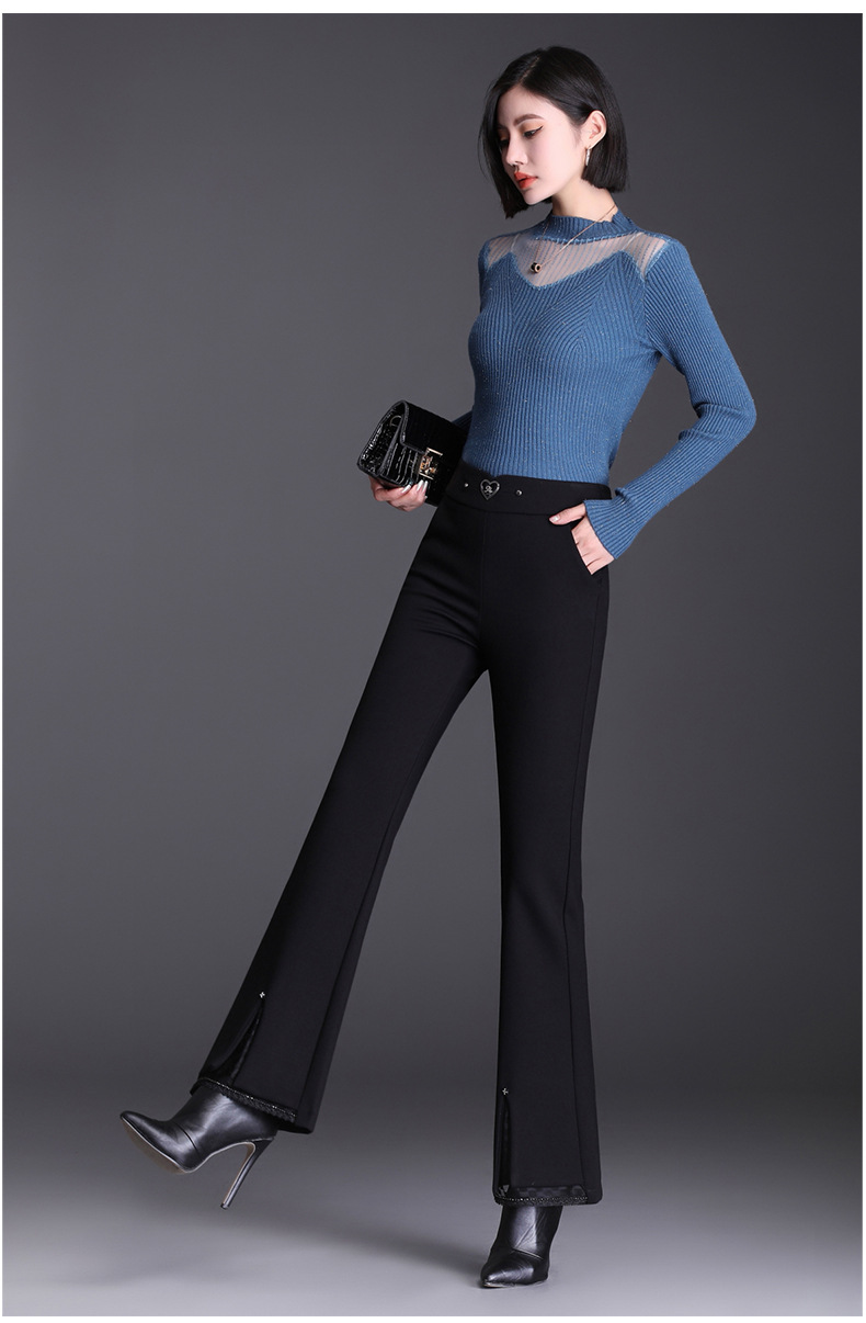 蕾丝开叉微喇叭裤女春秋2022新款黑色修身高腰大码裤子女士长裤子