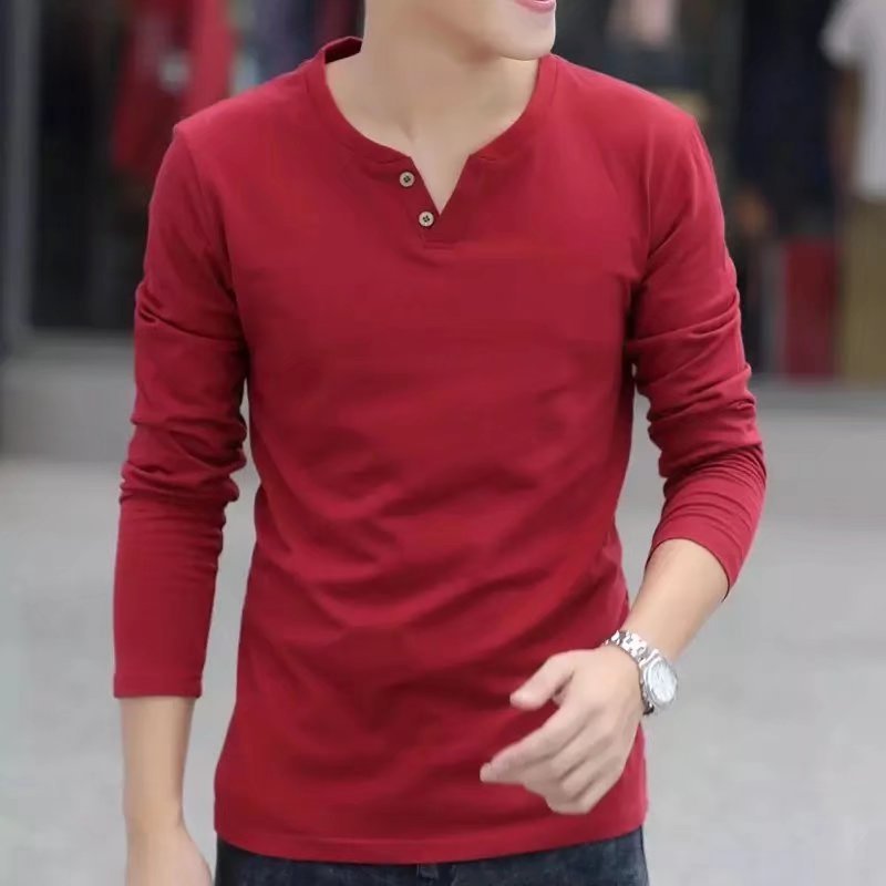 冬季男韩版V领两粒纽扣长袖纯色薄款修身百搭休闲打底衫上衣百搭