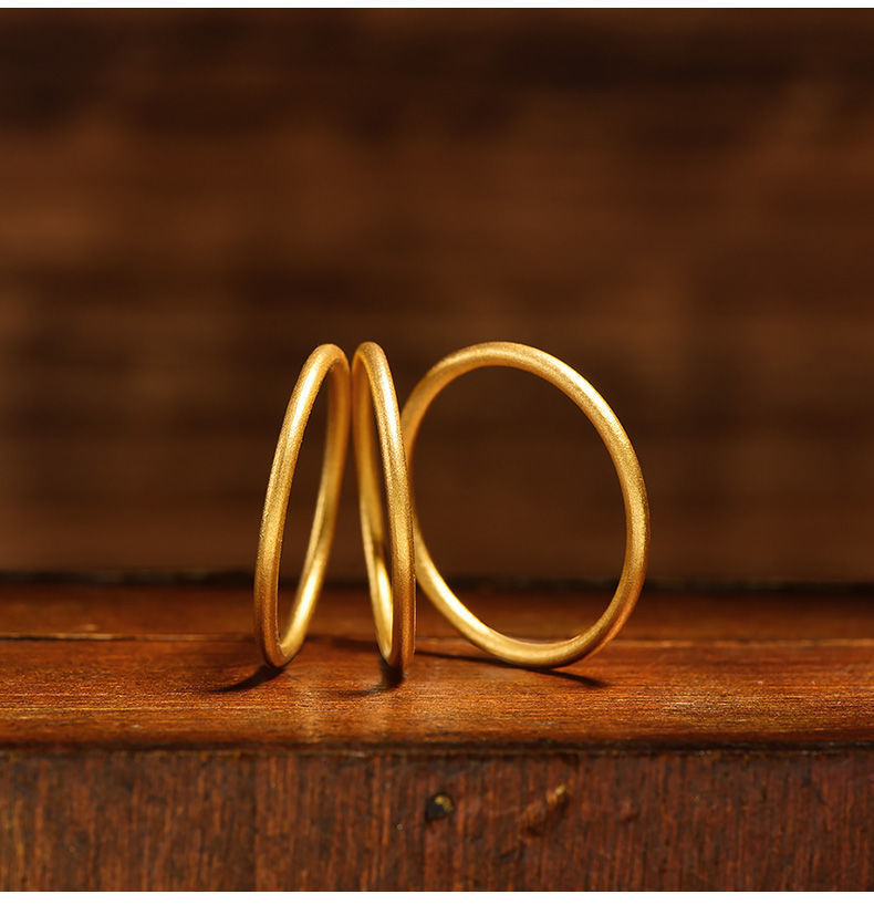 黄金古法戒指女999足金三生三世情侣素圈戒光圈磨砂细指环可刻字