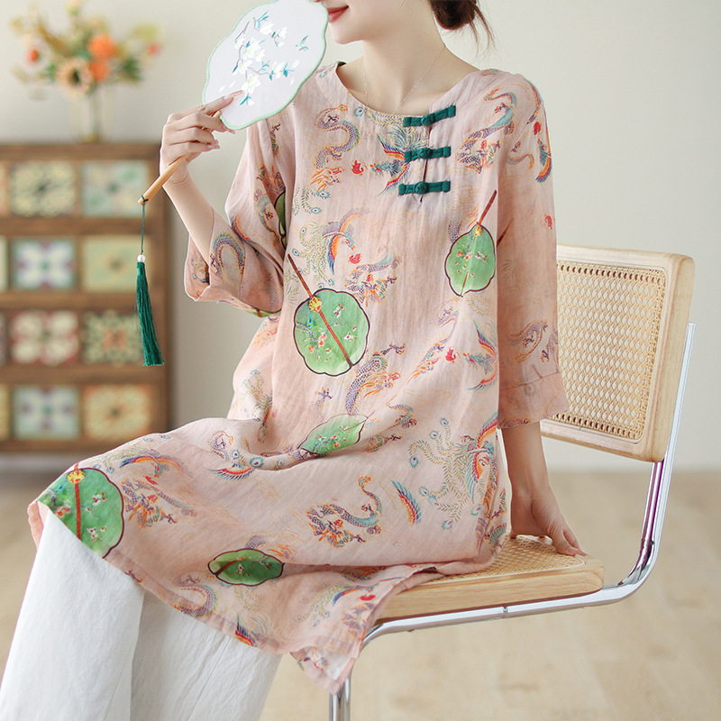 2024夏棉麻女装文艺复古盘扣中长款中式上衣民族风印花衬衫连衣裙