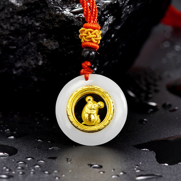 新款十二生肖金镶玉吊坠 和田玉时来运吊坠 时来运转十二生肖吊坠