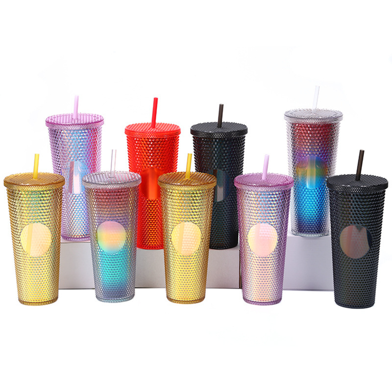 Factory Direct Supply Cross-Border Double Plastic Straw Cup Large Capacity Creative Durian Cup Hand Cup Portable Diamond Water Cup