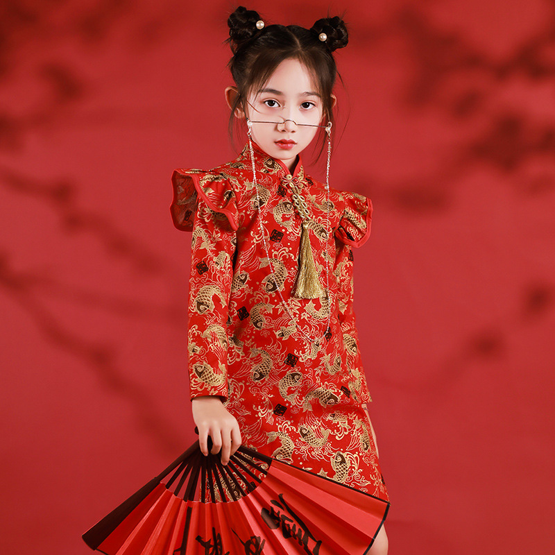 红色拜年服女童改良旗袍礼服中国风儿童国潮唐装长袖连衣裙秋冬季