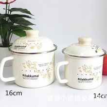 搪瓷杯白色印花可爱小熊马克杯冬季保温茶水杯加厚带盖大号泡面碗